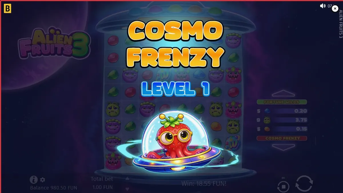 Tampilan visual slot Alien Fruits 3 dengan tema luar angkasa dan neon